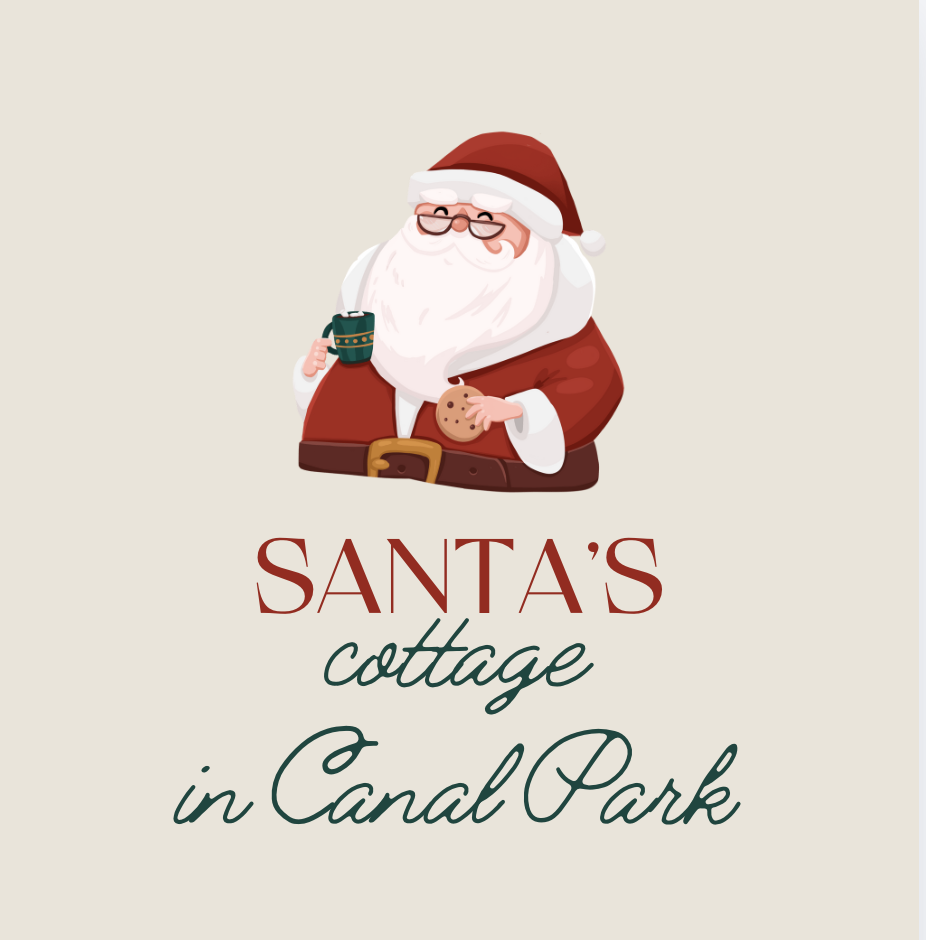 A red green and white graphic depicting Santa, sipping coffee, with the words cottage in Canal Park under him.